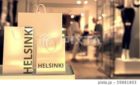 Bags with Helsinki text. Shopping in Finland related 3D rendering Bags with Helsinki text. Shopping in Finland related 3D rendering 59881803