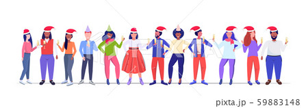 mix race people in santa claus hats holding champagne glasses merry christmas happy new year winter 59883148