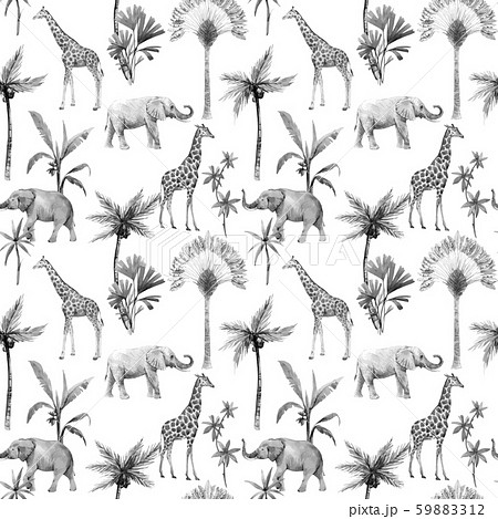 Watercolor vector seamless patterns with safari animals and palm trees. Elephant giraffe. Watercolor vector seamless patterns with safari animals and palm trees. Elephant giraffe. 59883312