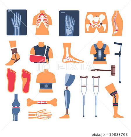 Injury recovery, bone fracture and crutches, X-ray and orthopedic tools Injury recovery, bone fracture and crutches, X-ray and orthopedic tools 59883768