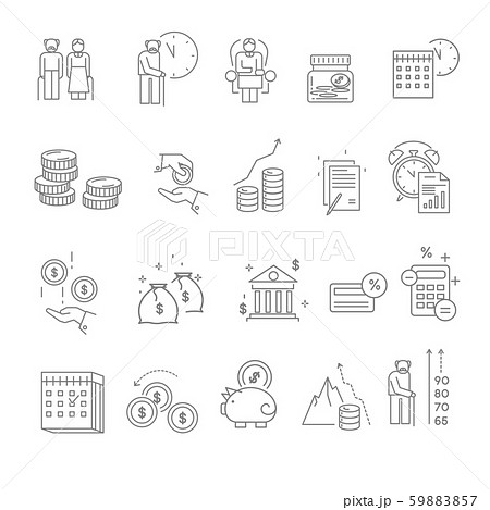 Pension and retirement isolated icons, elderly people money deposits Pension and retirement isolated icons, elderly people money deposits 59883857