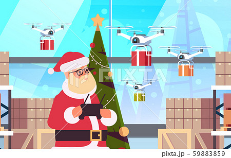 santa claus holding remove controller drone with gift present boxes flying in modern warehouse 59883859