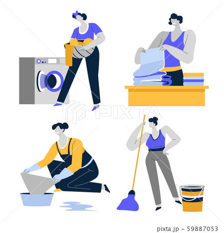 Cleaning house, housekeeping and housework, housewife or maid isolated icons Cleaning house, housekeeping and housework, housewife or maid isolated icons 59887053