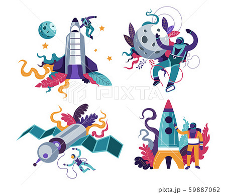 Astronaut or spaceman and spaceship or rocket, space or cosmos isolated icon 59887062
