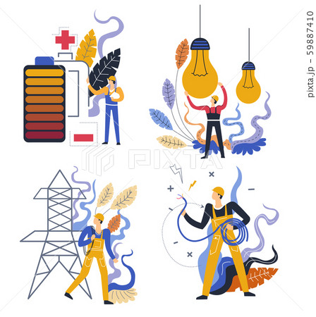 Power and electricity generation, charge and light bulbs, tower and cable Power and electricity generation, charge and light bulbs, tower and cable 59887410