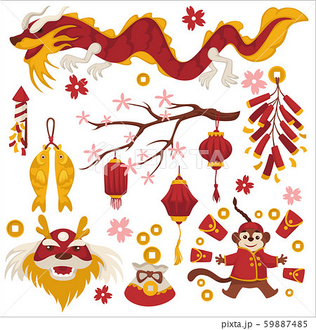 Dragon and sakura, Chinese New Year symbols, lanterns and monkey 59887485