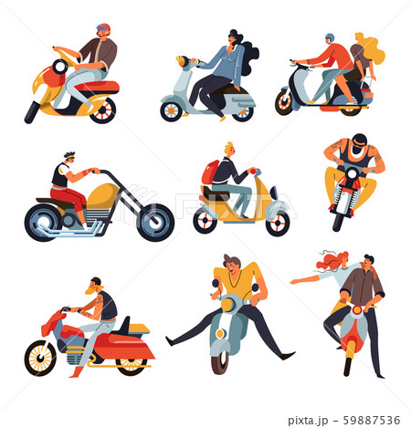 Bikers or motorbike racers on motorcycles and mopeds or sportbikes, isolated characters 59887536