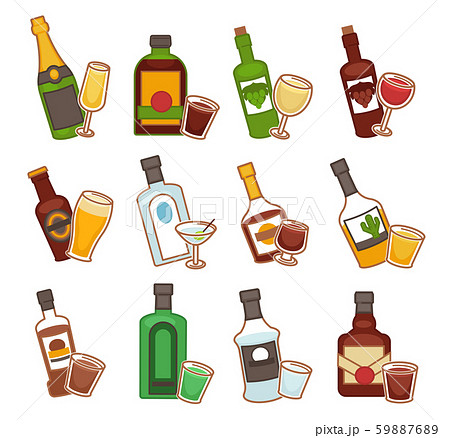 Bar alcohol drinks, bottles and glasses isolated icons Bar alcohol drinks, bottles and glasses isolated icons 59887689