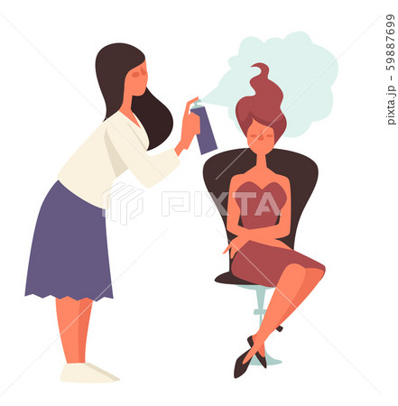 Beauty salon, hairdresser spraying hairstyle of female client Beauty salon, hairdresser spraying hairstyle of female client 59887699