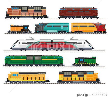 Electric and diesel locomotives, high speed train, cargo wagons isolated icons 59888305