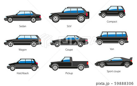 Vehicle body types, car carcass shape and model names isolated icons 59888306