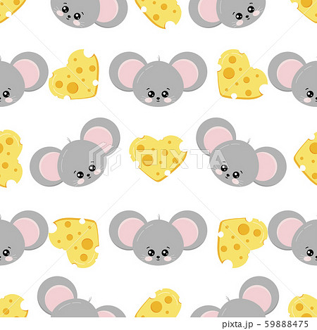 Mouse face and cheese shape of heart colorful seamless pattern on white background. 59888475