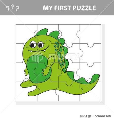 Cute puzzle game. Vector illustration of puzzle game with happy cartoon dino 59888480