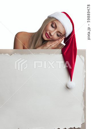 Santa girl holding blank billboard 59889478