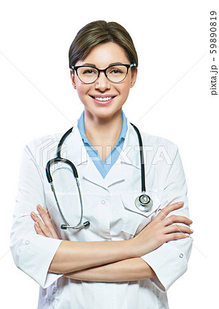 Portrait of glad smiling doctor in white uniform standing with crossed hands on blue clinic 59890819