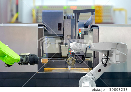 Industrial robotics teamwork on working with CNC lathe machine concept 59893253