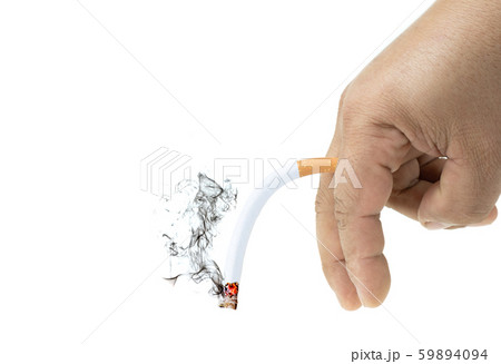 Bend cigarette burns with smoke in Men's hand at isolated white background, Erectile Dysfunction concept Bend cigarette burns with smoke in Men's hand at isolated white background, Erectile Dysfunction concept 59894094