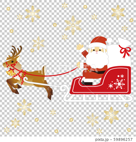 クリスマス ソリにのったサンタクロース トナカイ 雪の結晶 金色のイラスト素材 59896257 Pixta