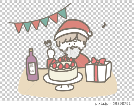 一人でクリスマスケーキを食べるサンタのおにいさんのイラスト素材