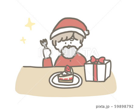 一人でクリスマスケーキを食べるサンタのおにいさんのイラスト素材