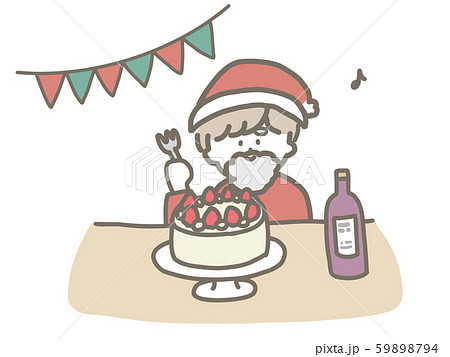 一人でクリスマスケーキを食べるサンタのおにいさんのイラスト素材 59898794 Pixta
