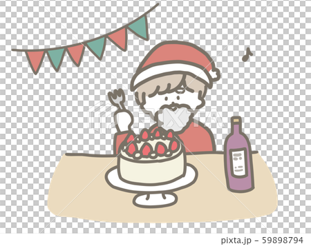 一人でクリスマスケーキを食べるサンタのおにいさんのイラスト素材