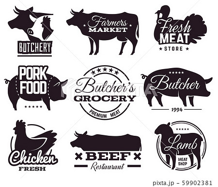 Butcher emblems. Butchery shop labels with animals silhouettes. Beef and pork, chicken and lamb 59902381