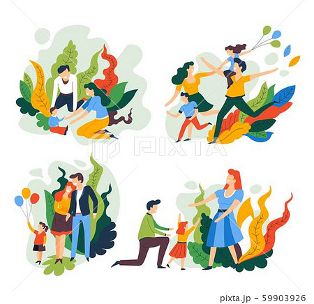 Family holidays, parent and children with balloons, isolated icons 59903926