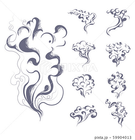 Smoke and vapor or steam, smoking cigarettes and fire burning, isolated icons 59904013