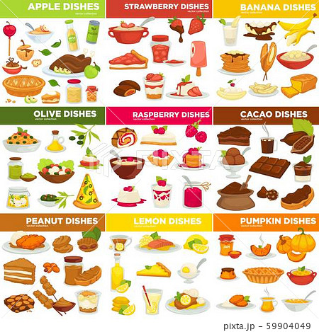 Cooking dishes, poultry and desserts, porridge and salad isolated icons Cooking dishes, poultry and desserts, porridge and salad isolated icons 59904049