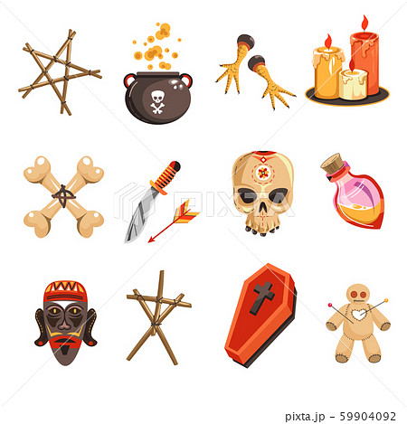 African occult practices or voodoo tribal attributes isolated icons African occult practices or voodoo tribal attributes isolated icons 59904092