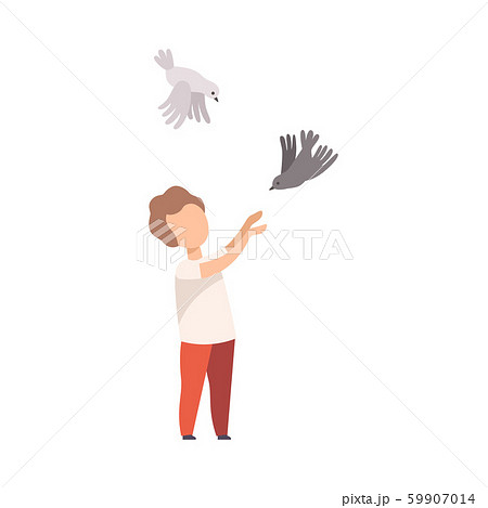 Little Boy Walking in the Park and Catching Pigeons Vector Illustration Little Boy Walking in the Park and Catching Pigeons Vector Illustration 59907014