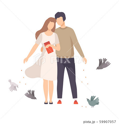 Young Couple Walking Along the Park and Feeding Pigeons with Crumbles Vector Illustration Young Couple Walking Along the Park and Feeding Pigeons with Crumbles Vector Illustration 59907057