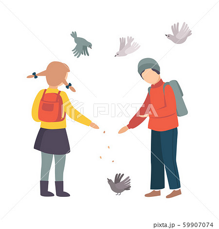 Children Stopped Feeding Pigeons on Their Way Home from School Vector Illustration 59907074