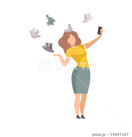 Young Woman Feeding Birds in Park and Making Selfie with Her Smartphone Vector Illustration 59907107