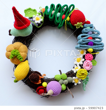 colorful Christmas wreath handmade ornament for garland from pine tree, flower, fruit, leaf, wonderful craft decoration 59907423