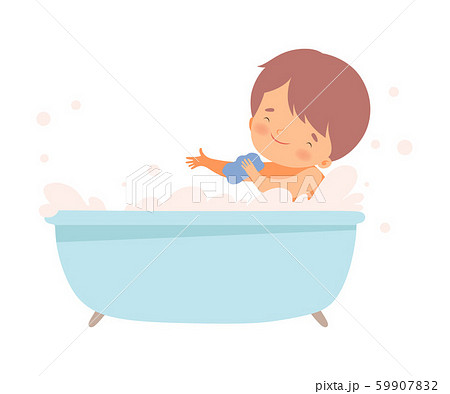 Little Boy Bathing Himself Sitting in Bathtub Vector Illustration Little Boy Bathing Himself Sitting in Bathtub Vector Illustration 59907832