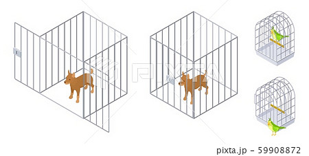 Animals in cages. Isometric dog bird inside and outside cage. Pet care vector illustration Animals in cages. Isometric dog bird inside and outside cage. Pet care vector illustration 59908872