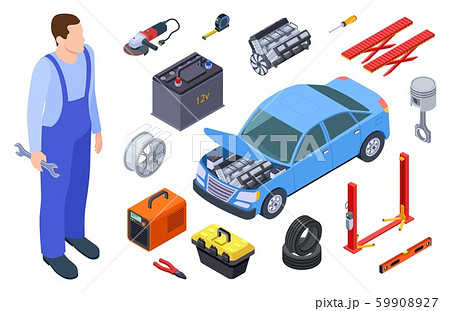 Auto mechanic and car tool. Isometric - Stock Illustration