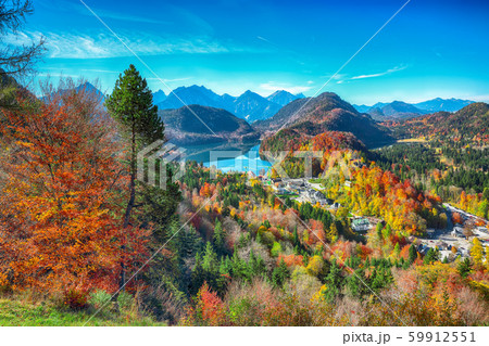 Top view panorama of Alpsee and Schwangau village Top view panorama of Alpsee and Schwangau village 59912551