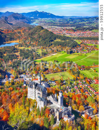 Aerial view of famous Neuschwanstein Castle in 59912555