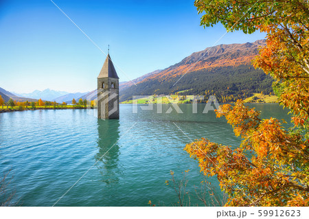 Fantasic autumn view of submerged bell tower in 59912623