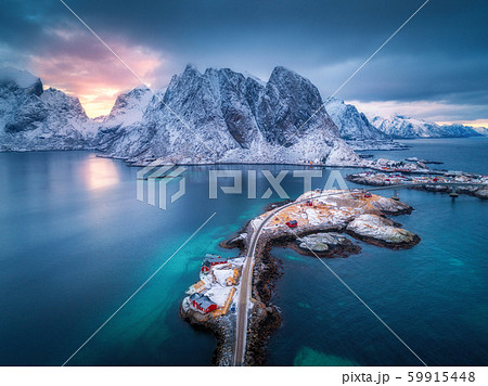 Aerial view of Hamnoy at dramatic sunset in winter 59915448