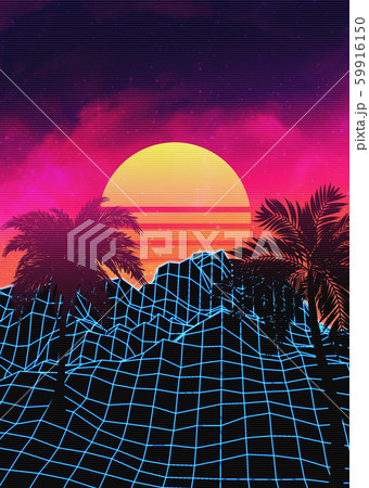 Vaporwave landscape with rocks and palmsのイラスト素材 [59916150] - PIXTA