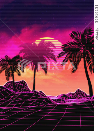 Vaporwave landscape with rocks and palms 59916151