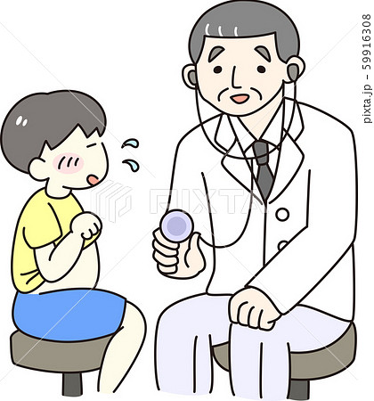 医者 子ども 病院 内診 聴診器 診察 健康診断 男の子 お腹 内科 可愛い コミカル 線画のイラスト素材