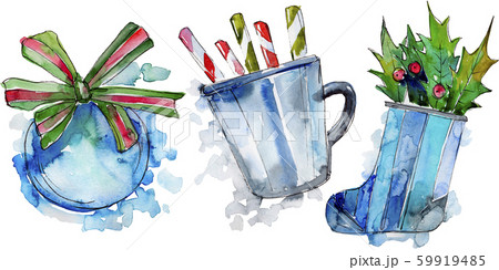 Isolated stocking, candy, cup, berry, ball illustration elements. Christmas winter holiday symbol in 59919485