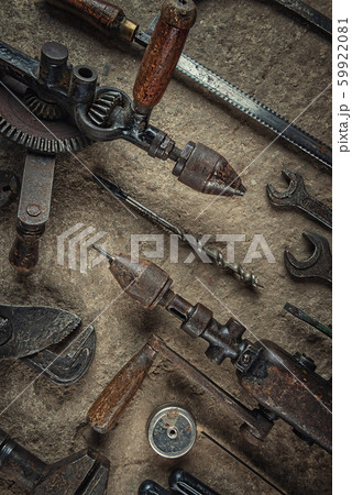 collection of old craft tools, still life with rusty tools, product photography for industry collection of old craft tools, still life with rusty tools, product photography for industry 59922081