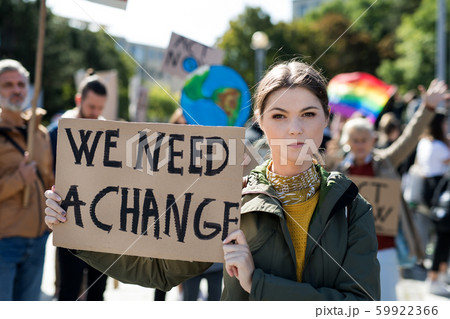 People with placards and posters on global strike for climate change. 59922366