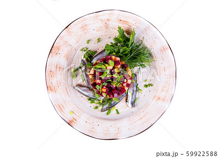 Vinegret with pieces of fish and greens Vinegret with pieces of fish and greens 59922588
